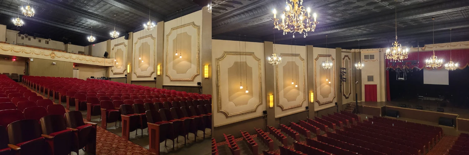 Two adjacent views of the Collins Theatre auditorium, with red seats, balcony and stage